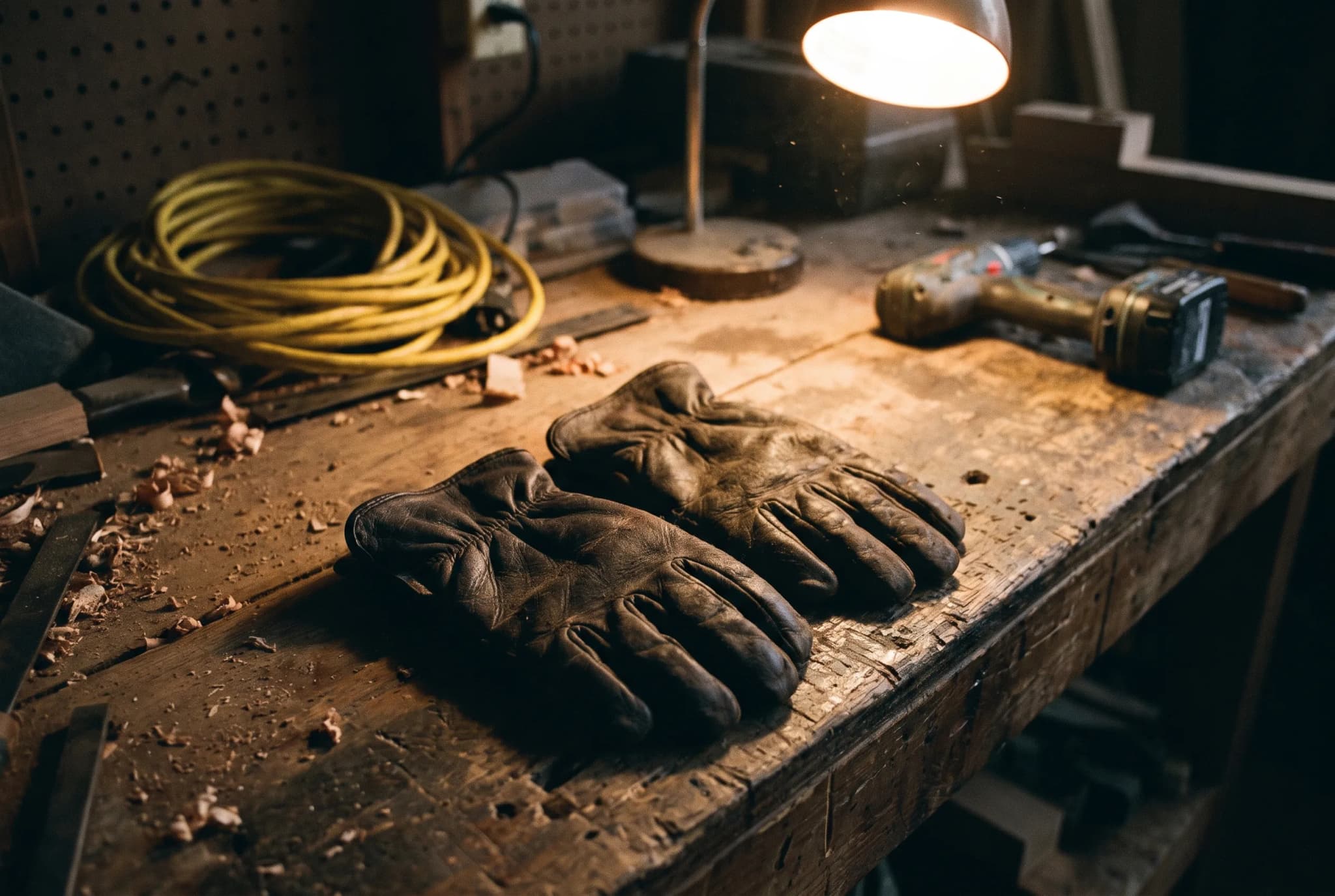 Work gloves on a workbench