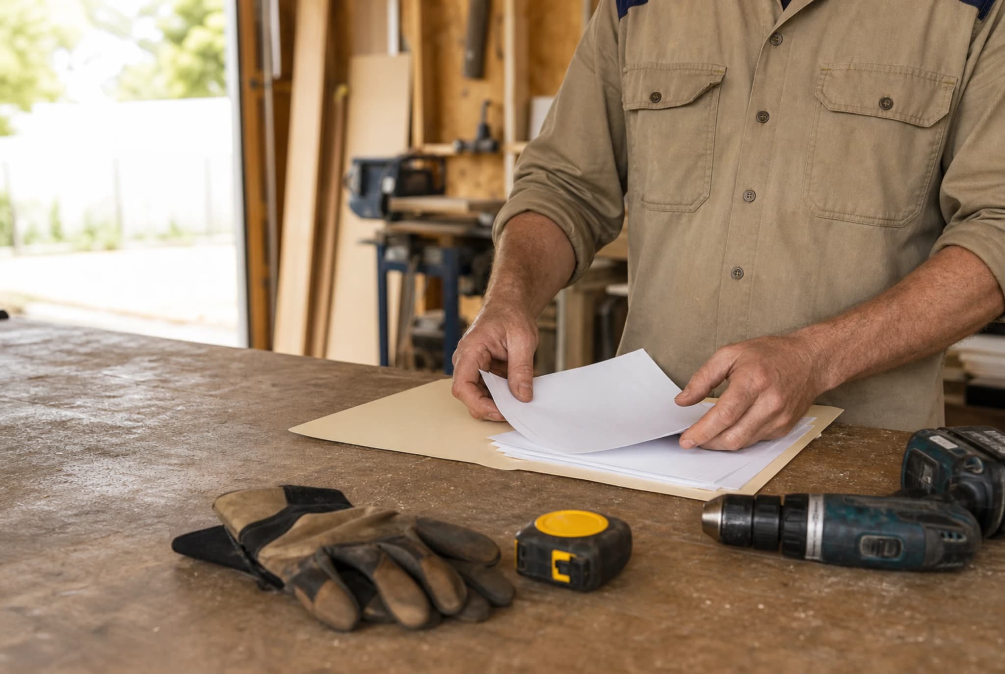 A drill and unpaid invoice on a workbench